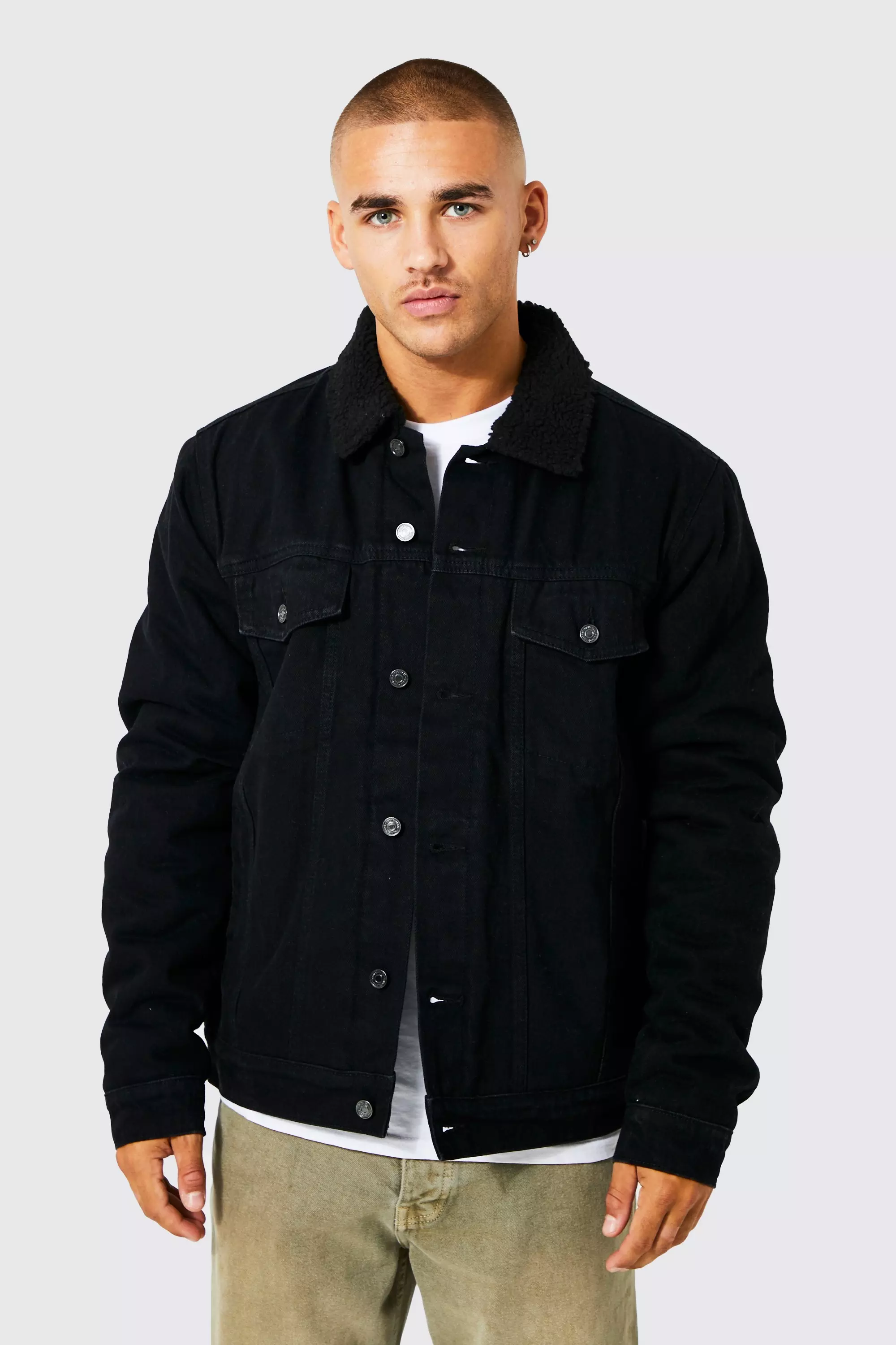 Mens black borg lined sales denim jacket